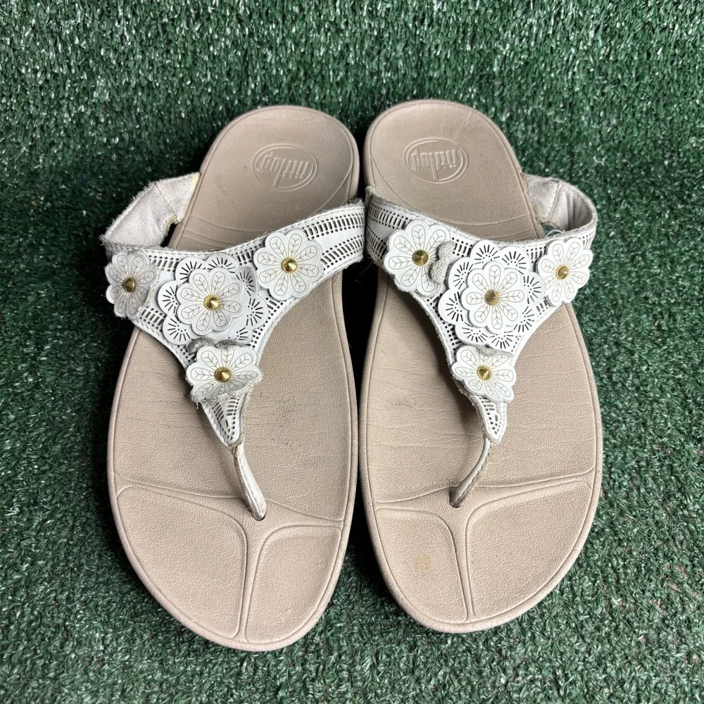 FitFlop Fiorella Leather Thong Wedge Platform Comfort Sandals White Womens Sz 10
